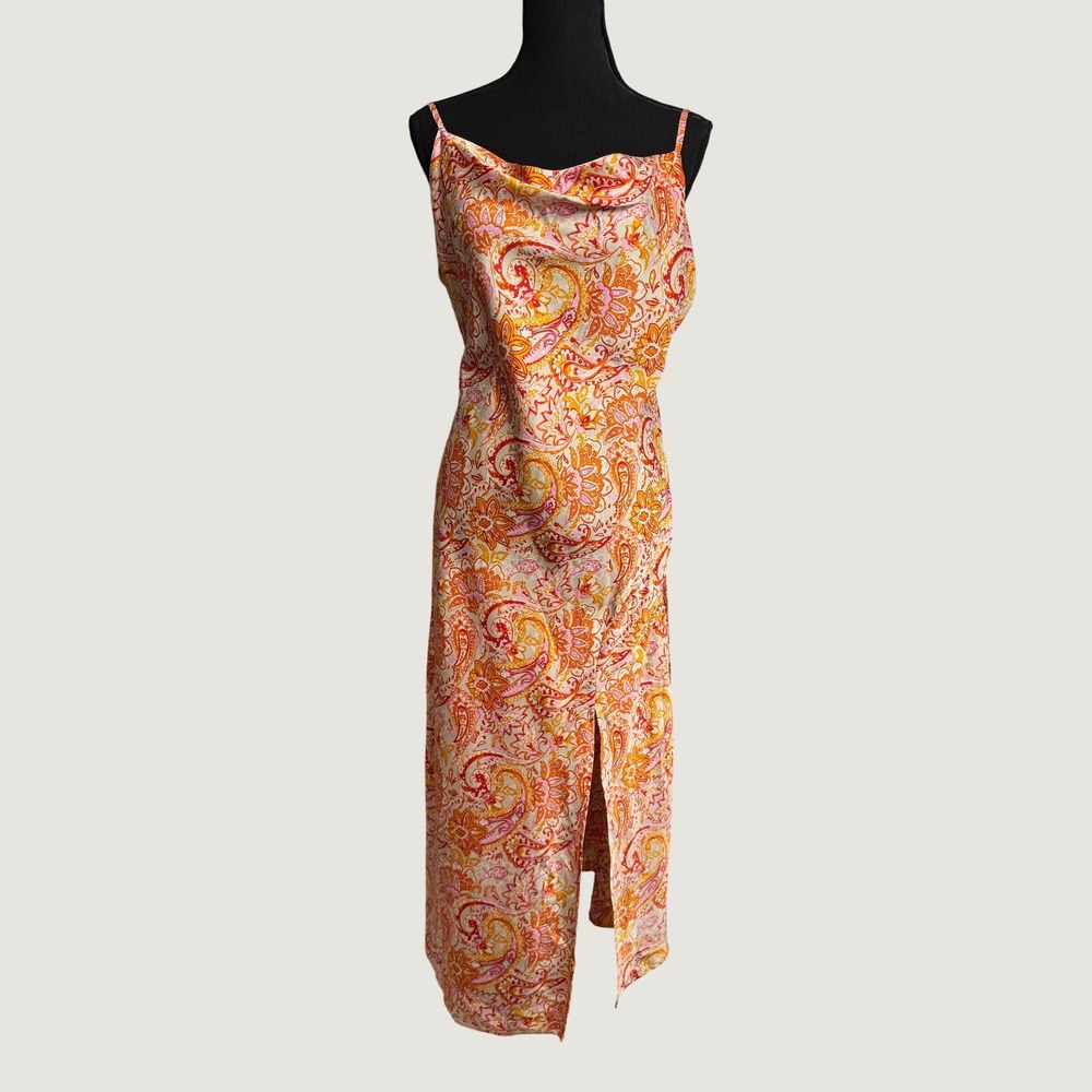 Tropical Orange Pink Paisley Festival Cowl Neck 90s Midi Slip Dress Slit Medium - Picture 3 of 7